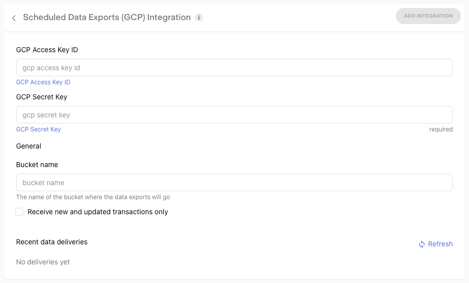 Google Cloud Storage delivery configuration in RevenueCat dashboard