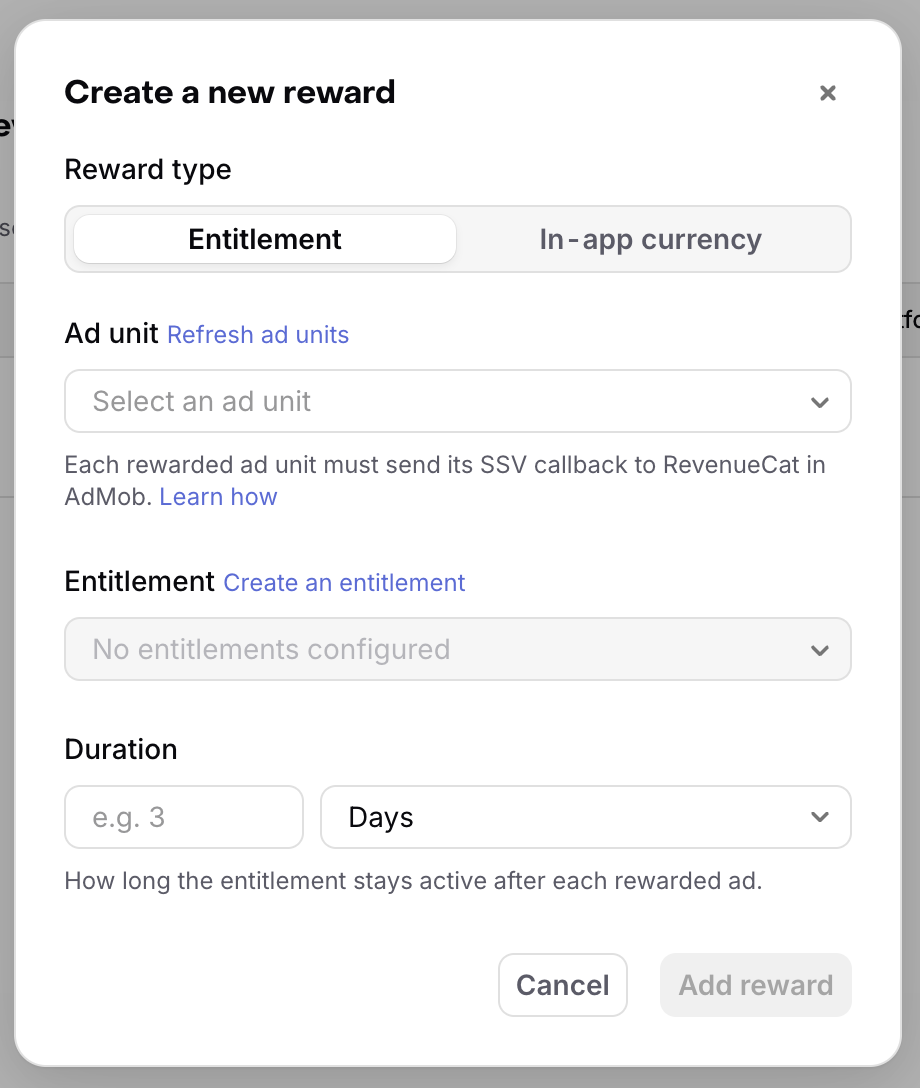 The Create a new reward dialog in the RevenueCat dashboard with Entitlement selected, showing fields for the ad unit, entitlement, and duration