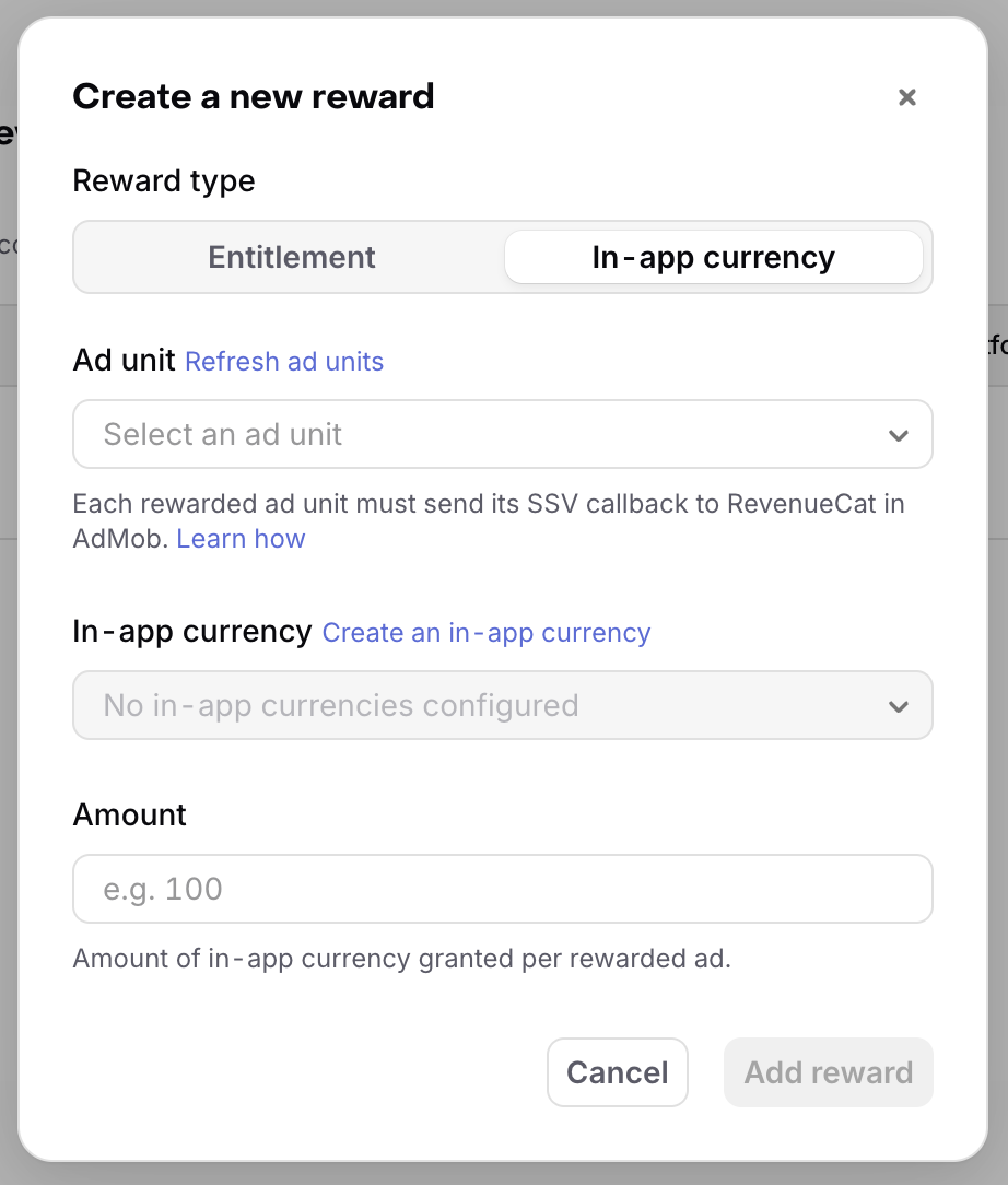 The Create a new reward dialog in the RevenueCat dashboard with In-app currency selected, showing fields for the ad unit, in-app currency, and amount