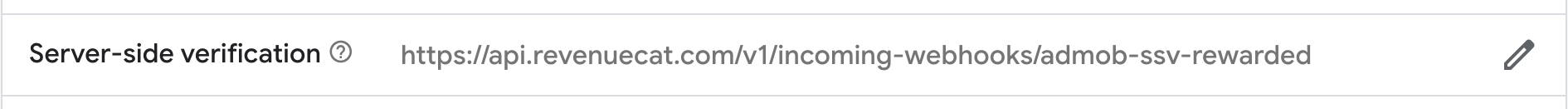 The Server-side verification field on an AdMob rewarded ad unit, set to the RevenueCat SSV callback URL