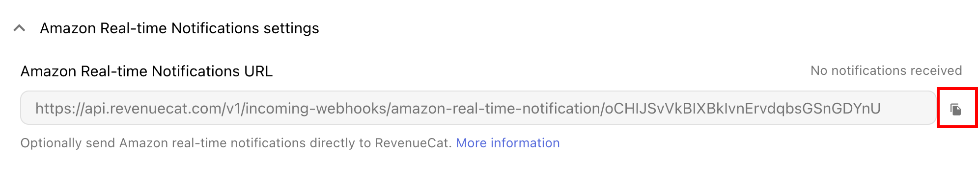 Copy the Amazon Real-time Notifications URL from RevenueCat