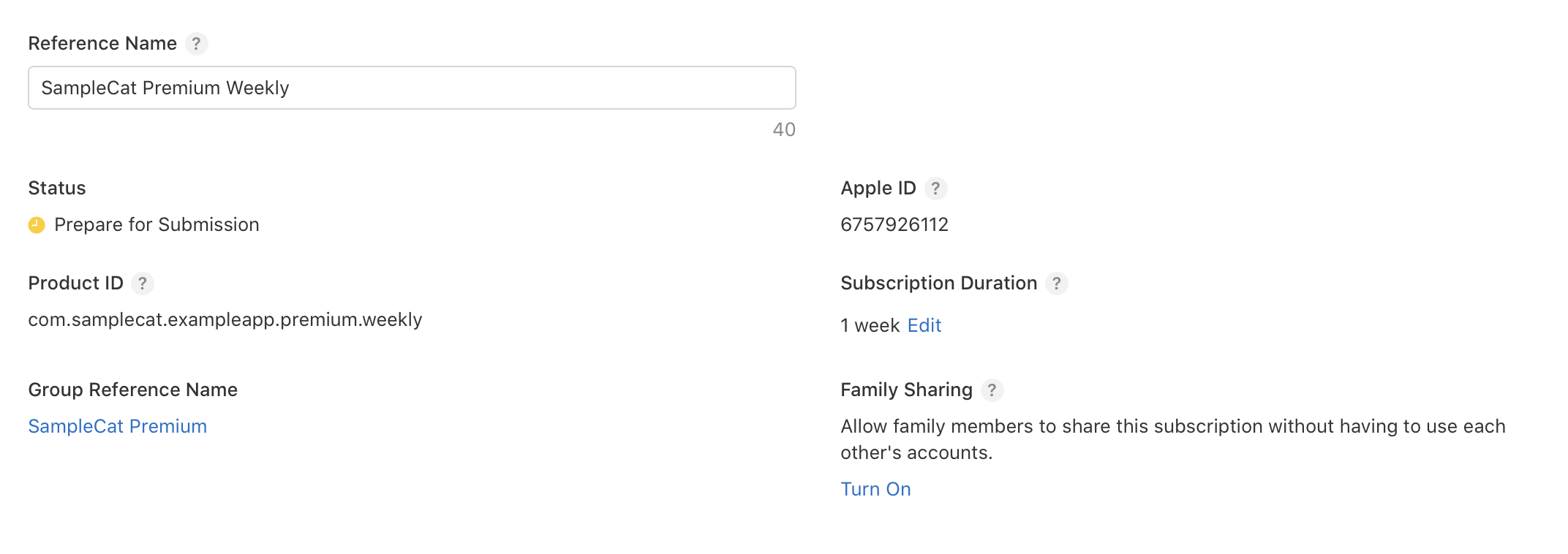 The internal name, duration and family share options of your subscription