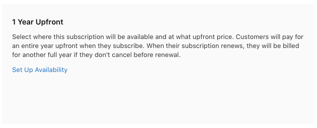 Upfront annual billing plan selected in App Store Connect