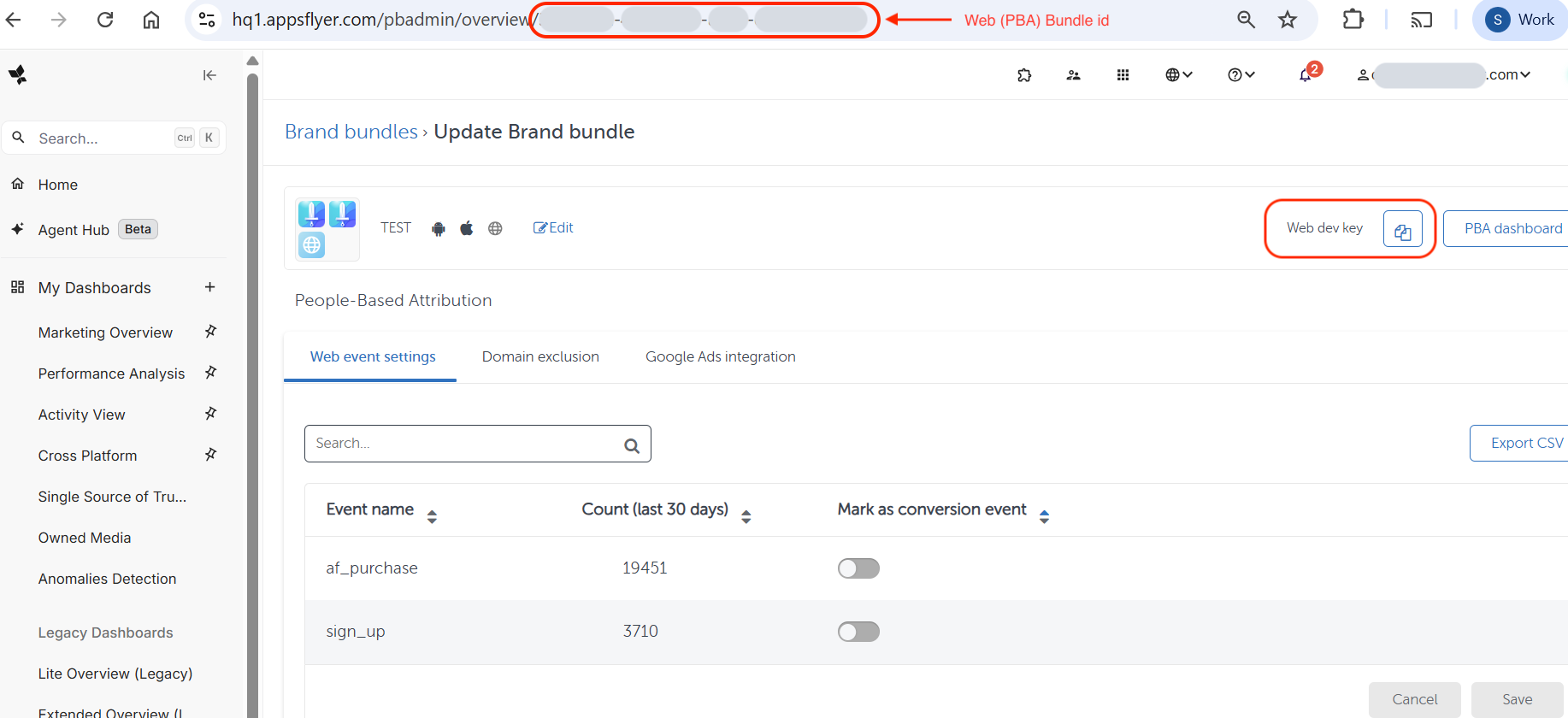 Where to find the Web (PBA) Bundle ID and Web Dev Key in AppsFlyer