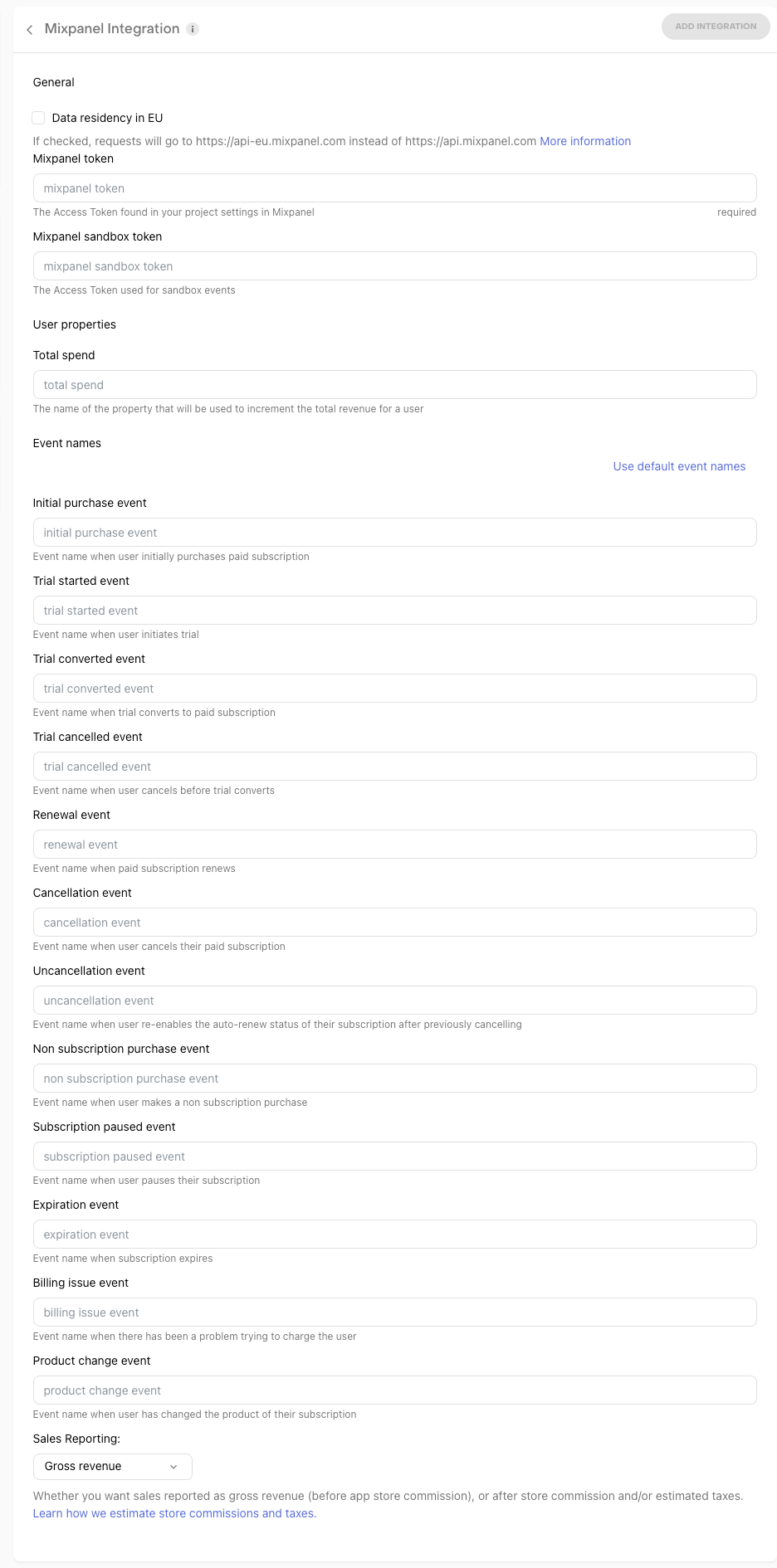 Mixpanel configuration screen