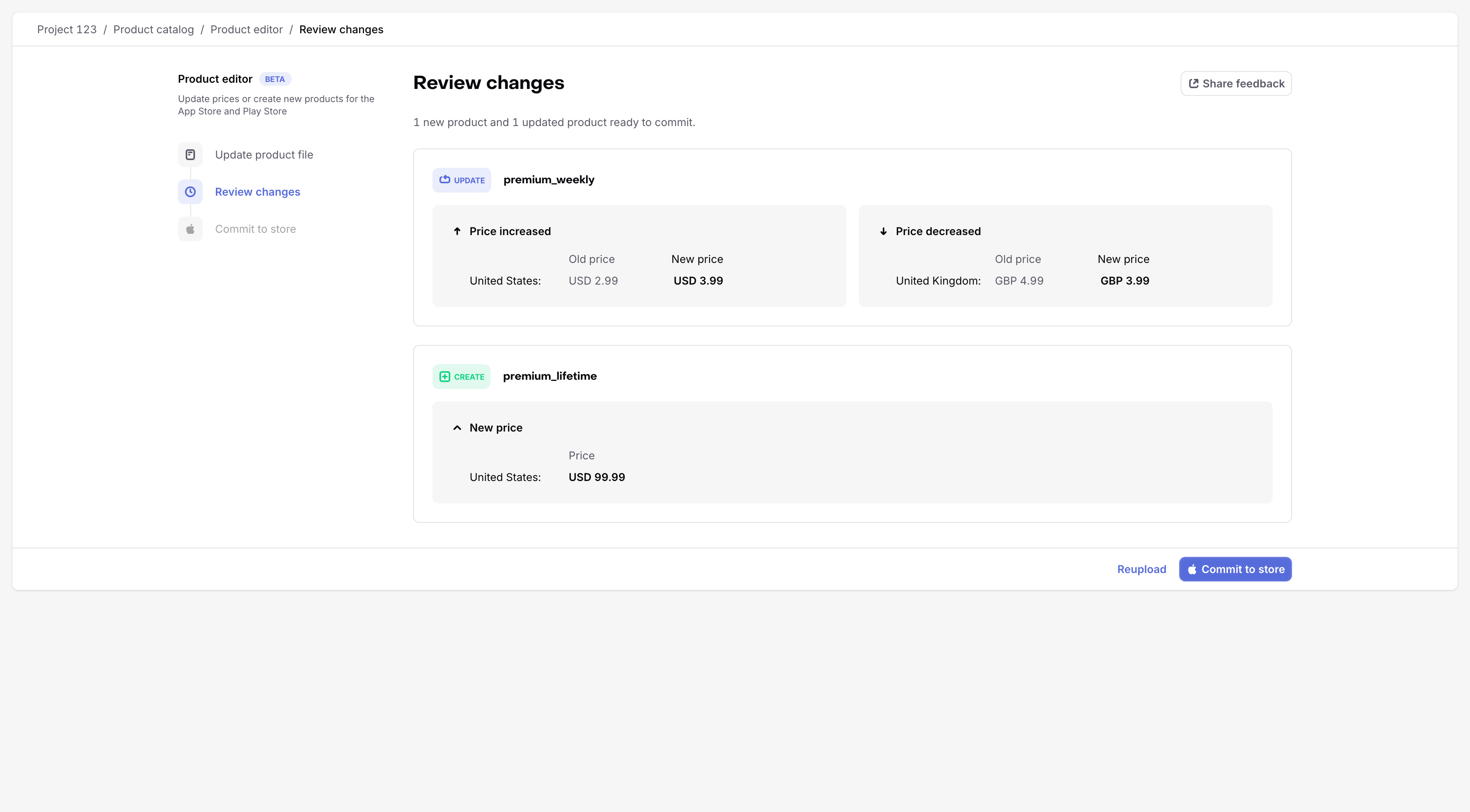 Commit to store button on Review changes