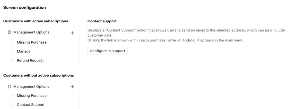 Contact Support entry in the Customer Center screen configuration, shown for customers without active subscriptions