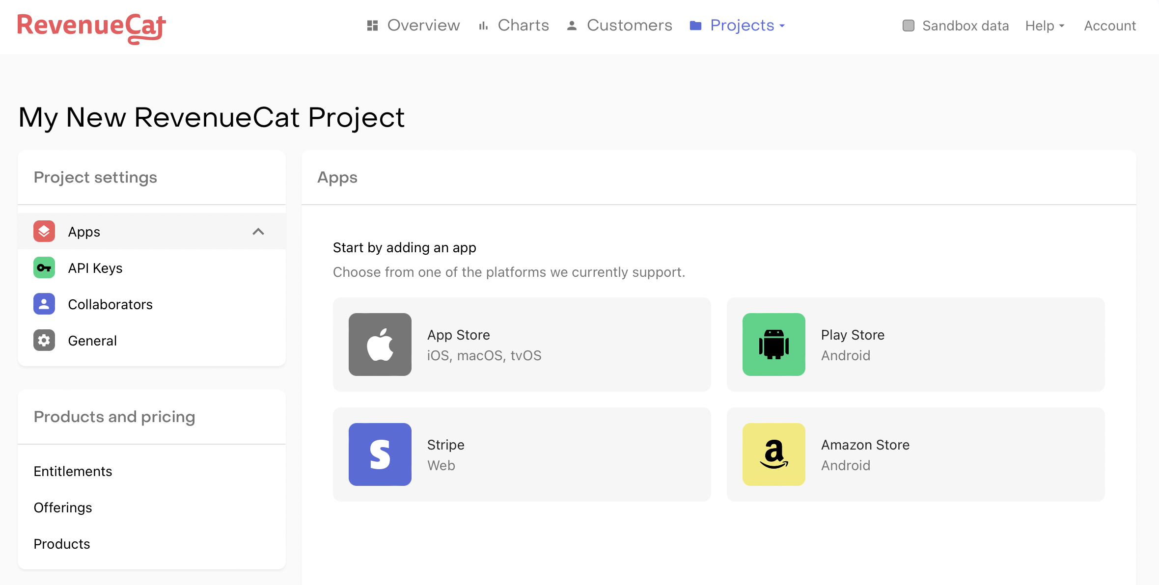 Project dashboard for selecting the app platform