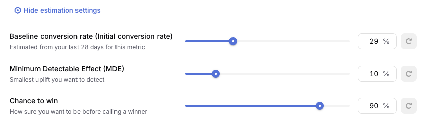 Estimation settings for baseline conversion rate, Minimum Detectable Effect, and Chance to win