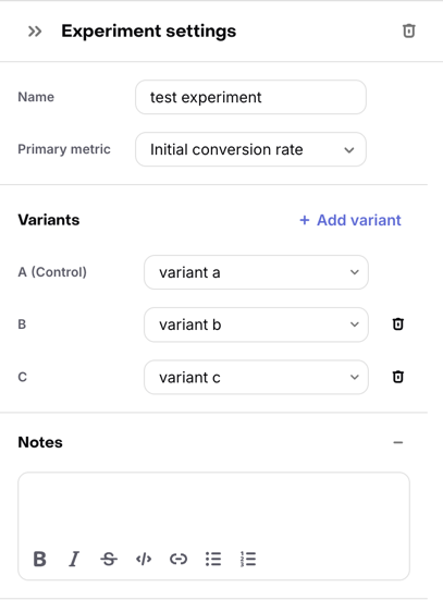 Experiment settings panel