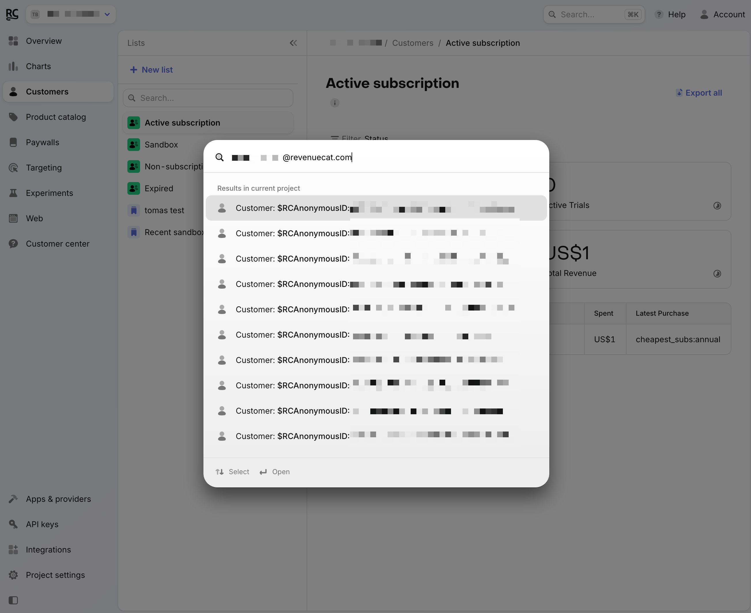Find a customer results in the global search dialog