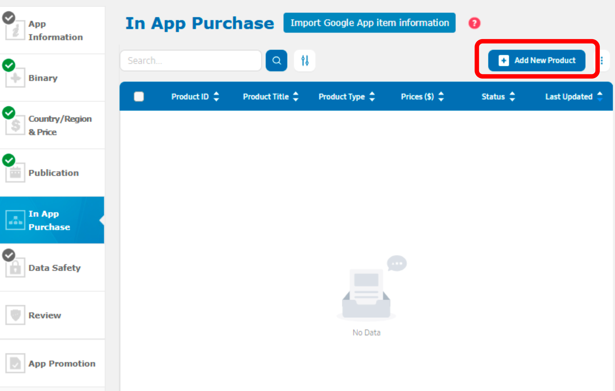 In App Purchase tab showing Add New Product and the additional options menu In App Purchase tab showing Add New Product and the additional options menu