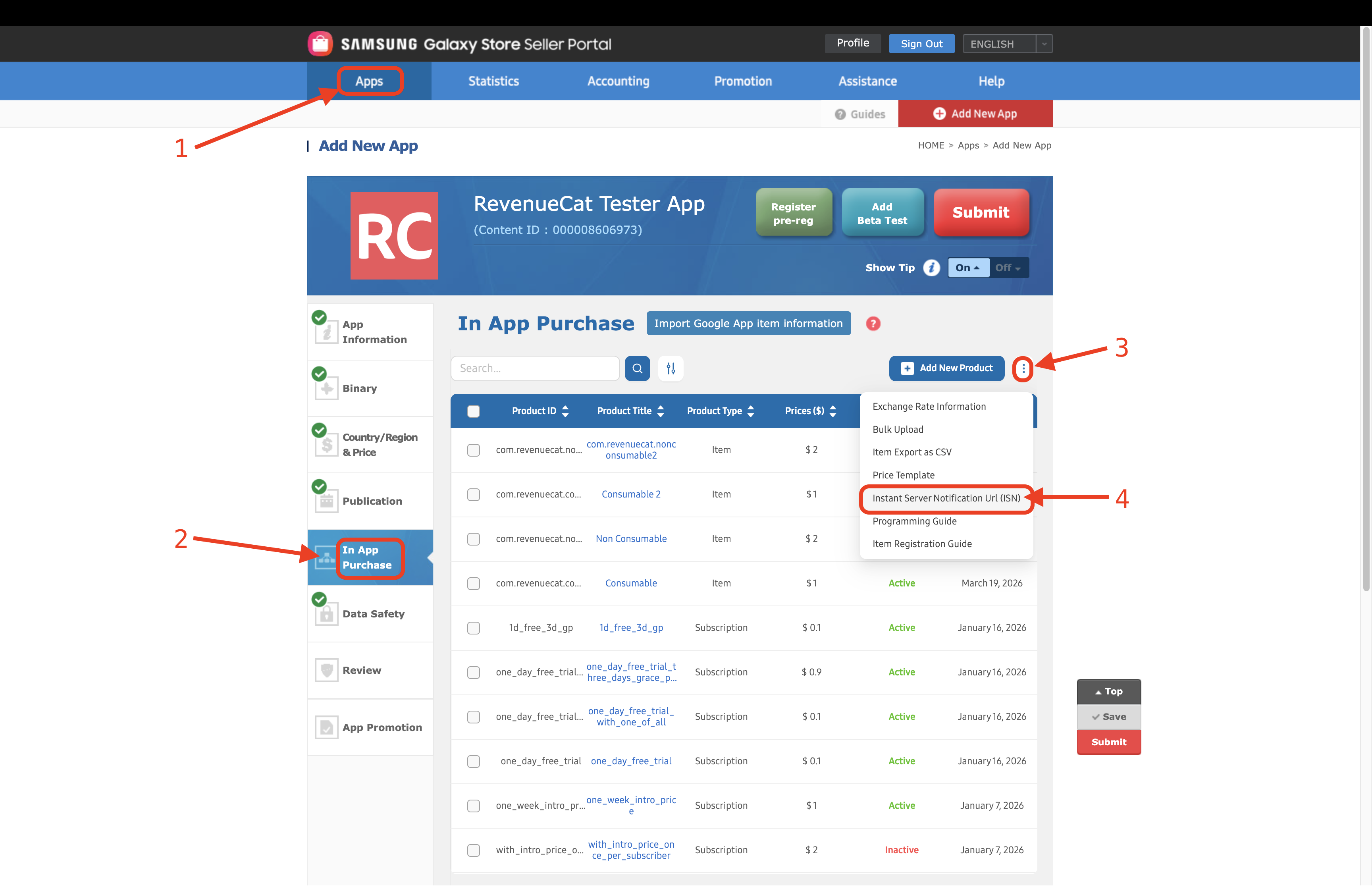 Navigate to Instant Server Notification Url in the Galaxy Store Seller Portal Navigate to Instant Server Notification Url in the Galaxy Store Seller Portal