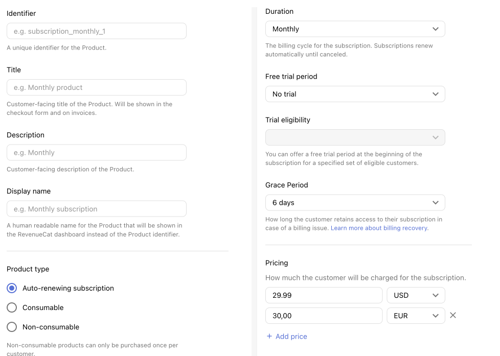 New product configuration page