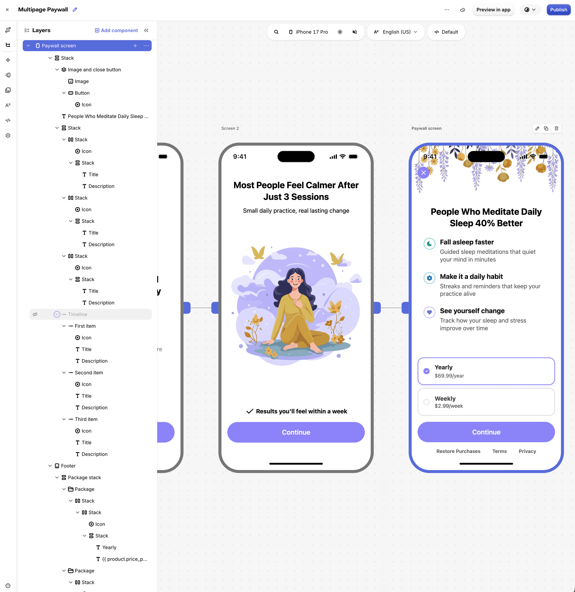 Multipage paywall flow and layers in the editor