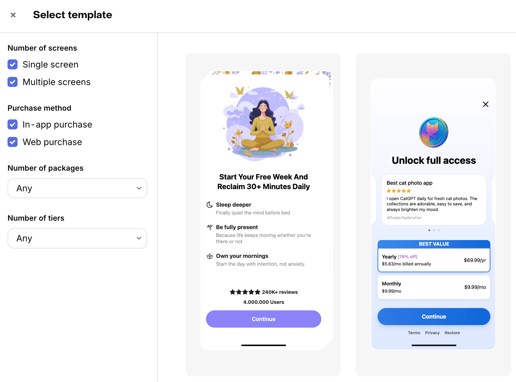 Filtering templates by multiple screens
