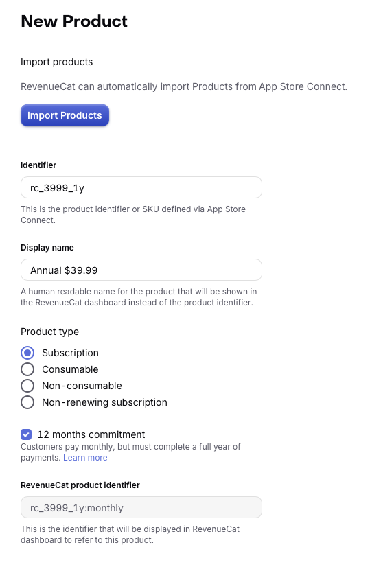 Monthly commitment product configured in the RevenueCat dashboard
