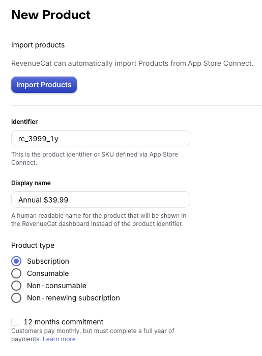 Upfront annual product configured in the RevenueCat dashboard