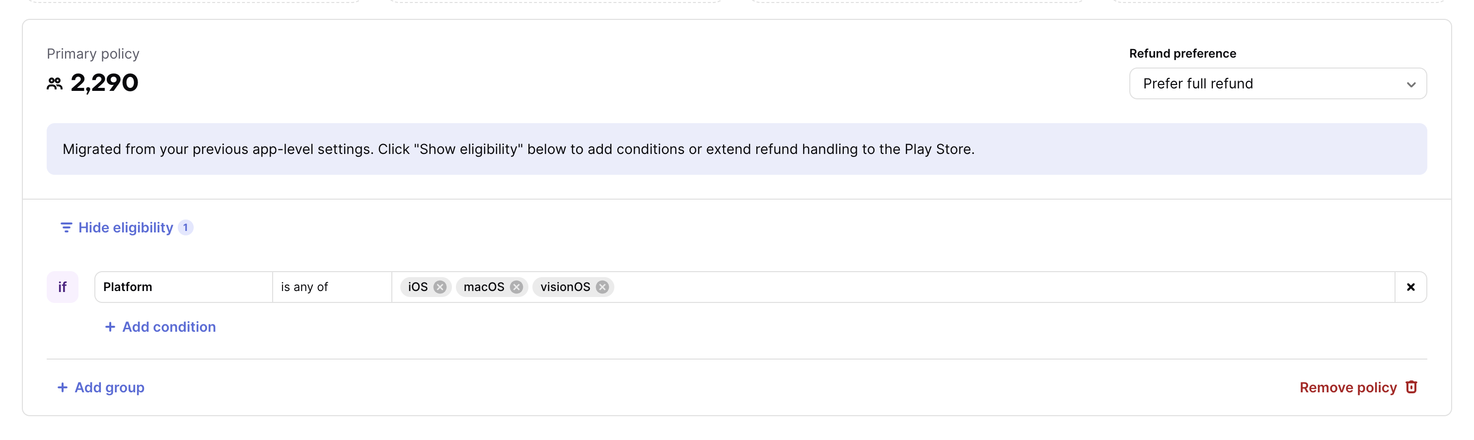 Migrated Apple refund policy limited to Apple platforms