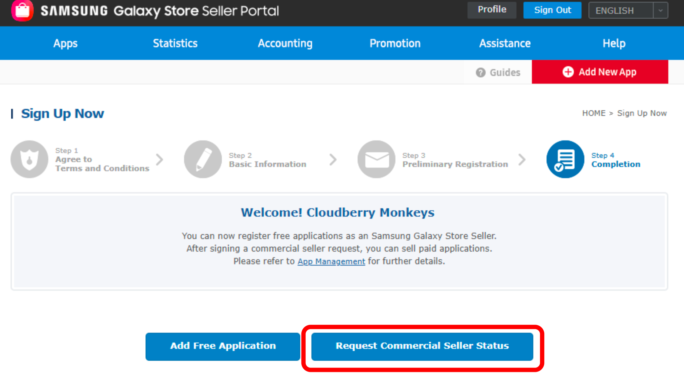 Request Commercial Seller Status button in the Galaxy Store Seller Portal Request Commercial Seller Status button in the Galaxy Store Seller Portal