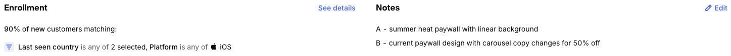 Experiment enrollment summary and notes
