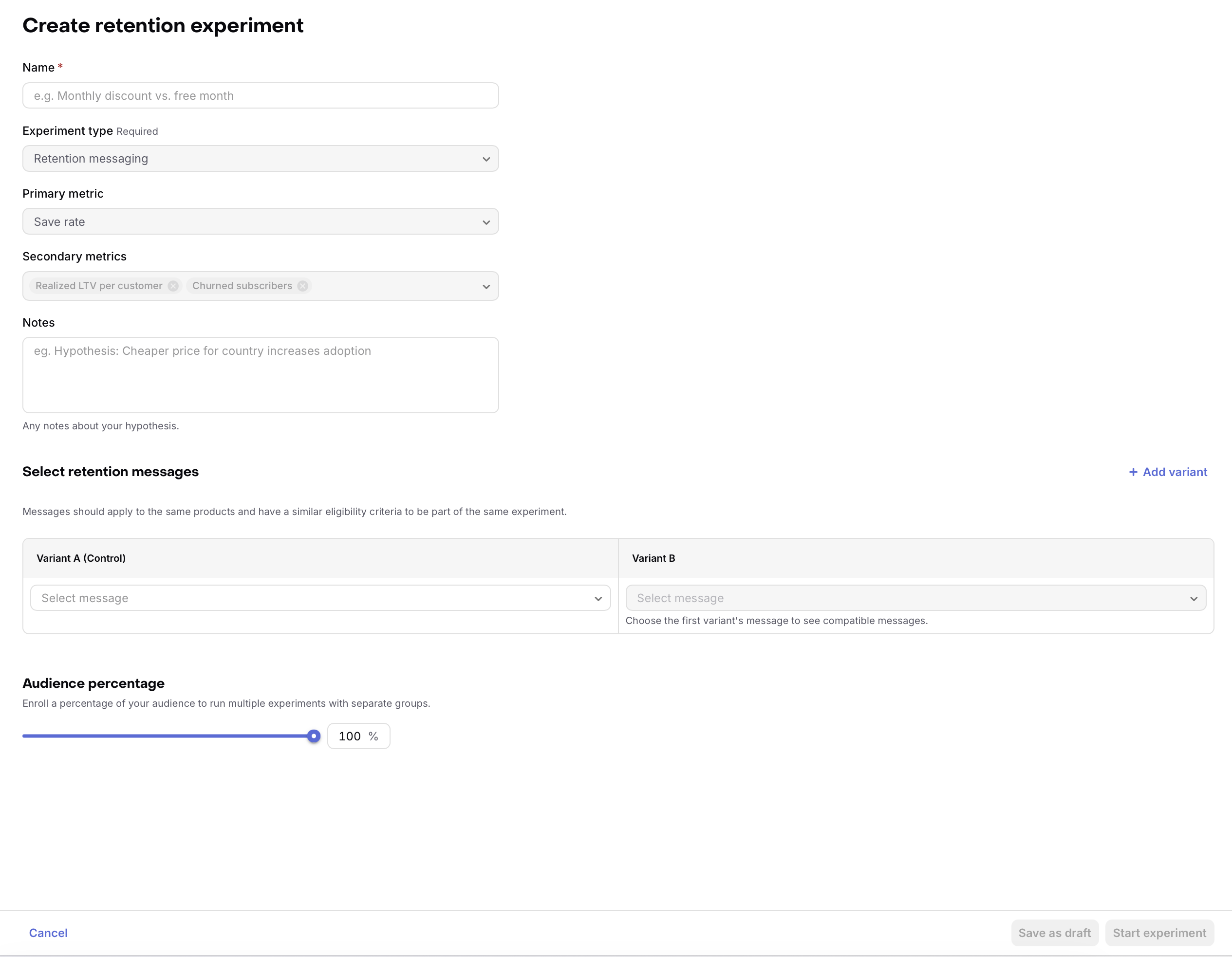 Create retention messaging experiment form