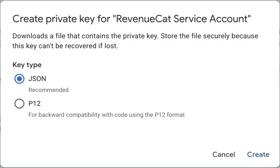 Create private key dialog with the JSON key type selected
