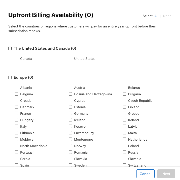 Regional availability settings for the upfront annual billing plan