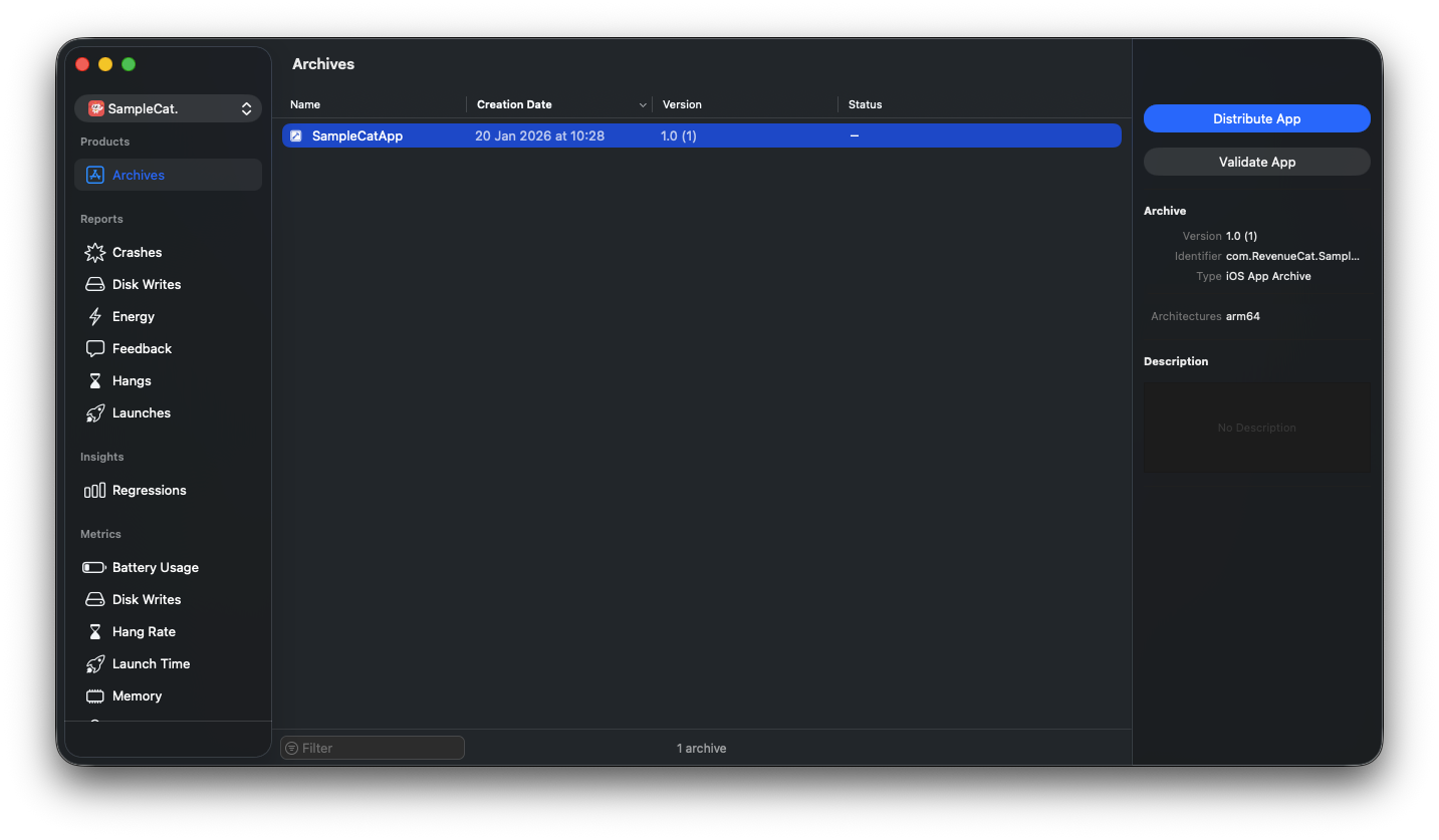 List of archived builds in Xcode's Organizer