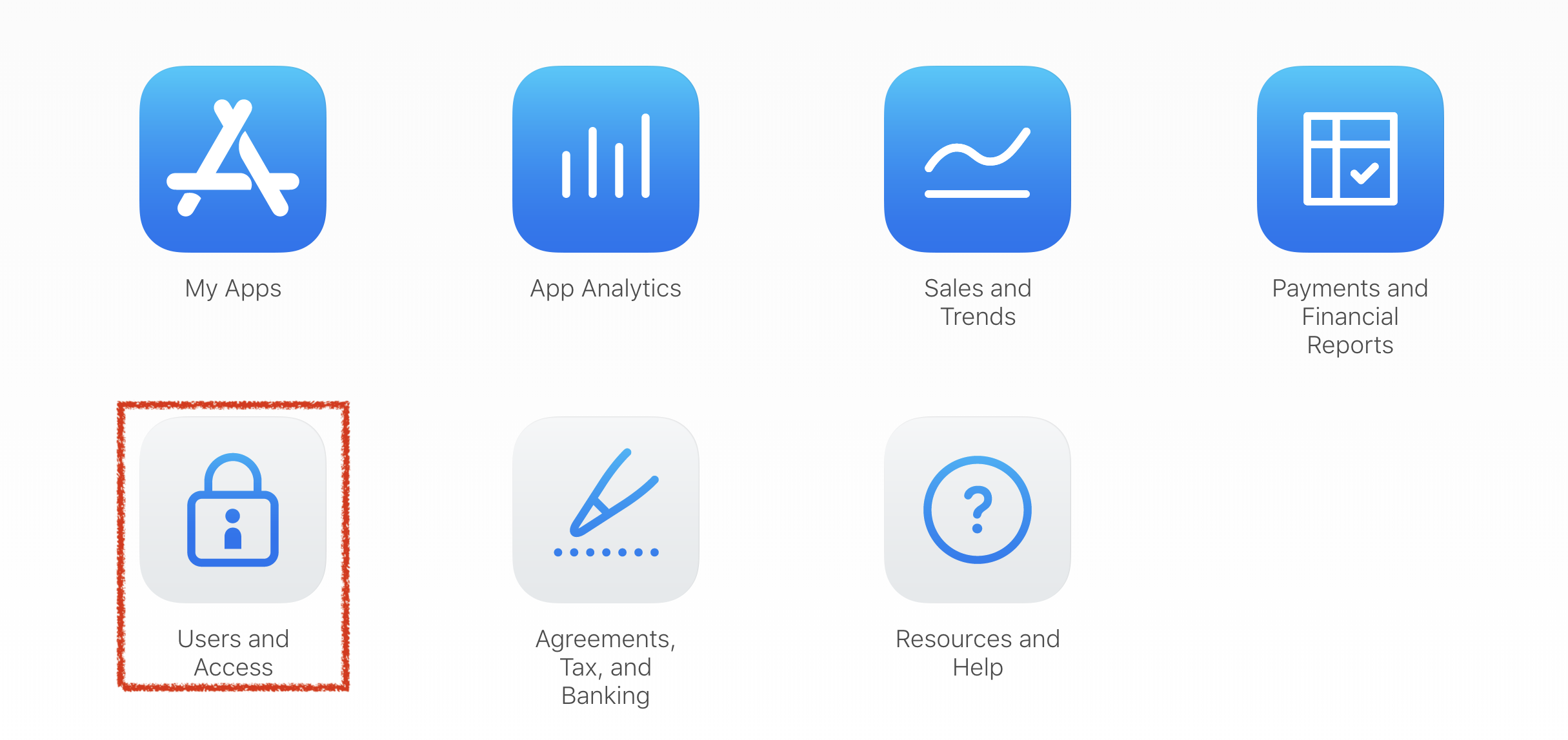 Screenshot of App Store Connect navigation UI highlighting where to create sandbox accounts