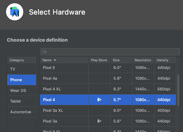 Select hardware for testing Android subscriptions