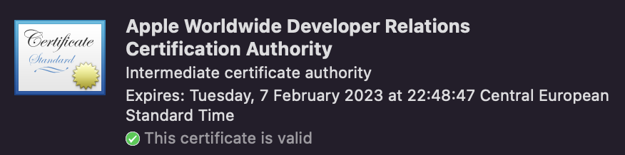 Apple World Wide Developer Relations Intermediate Certificate, with a February 2023 expiration date