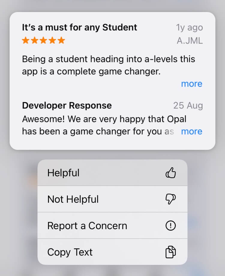 Long pressing a review in the app store allows you to mark it as "Helpful"